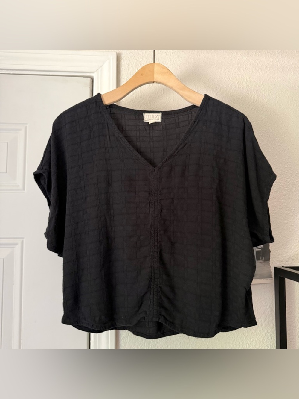 FIELD DAY OAKLAND black cotton batwing v-neck short sleeve boxy cropped shirt